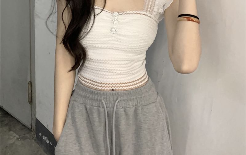 Striped Lace Trim Ruffle Cropped Camisole