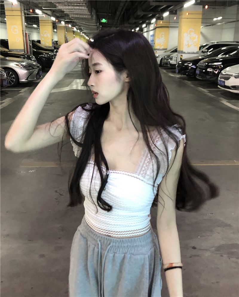 Striped Lace Trim Ruffle Cropped Camisole