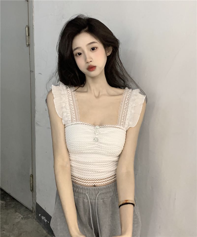 Striped Lace Trim Ruffle Cropped Camisole