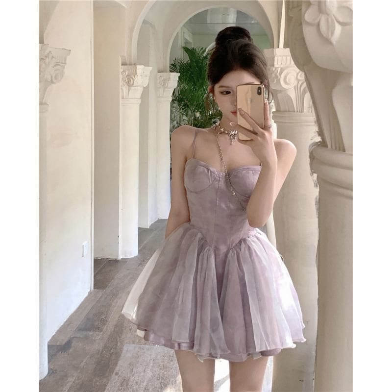 Spaghetti Strap Scoop Neck Tie-Dye Mini A-Line Dress