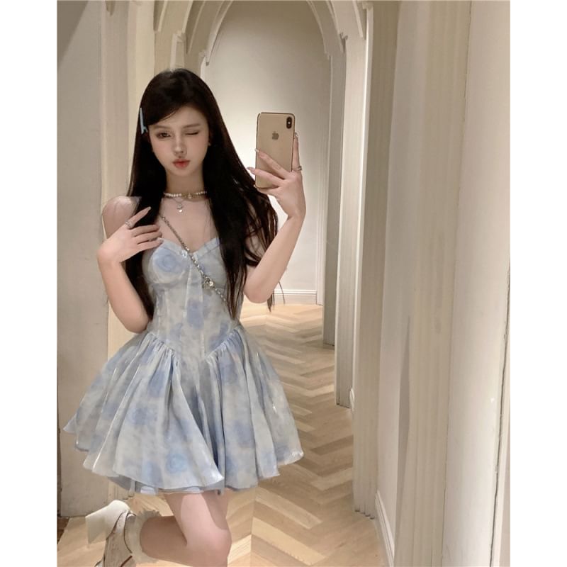 Spaghetti Strap Scoop Neck Tie-Dye Mini A-Line Dress