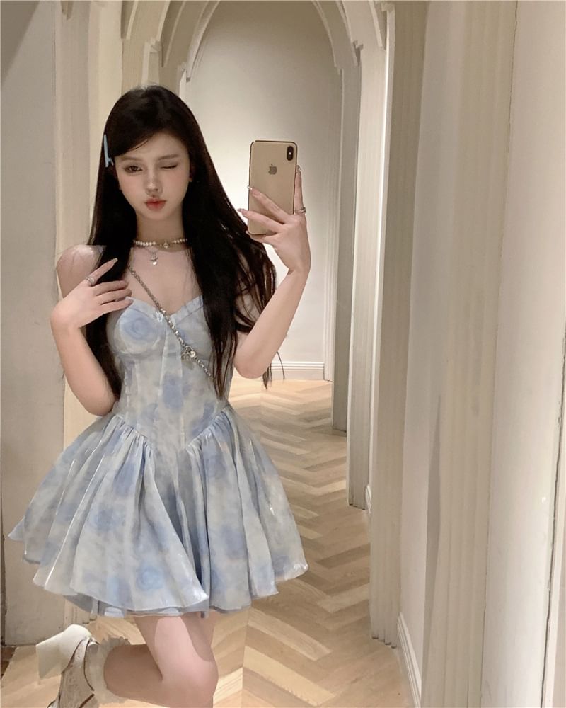 Spaghetti Strap Scoop Neck Tie-Dye Mini A-Line Dress