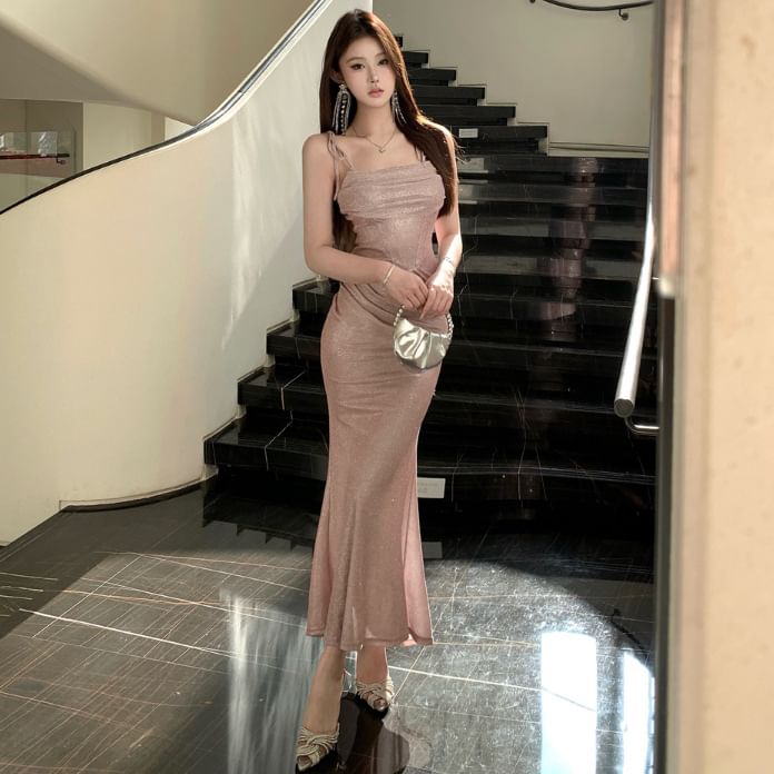 Spaghetti Strap Square Neck Plain Ruched Maxi A-Line Dress