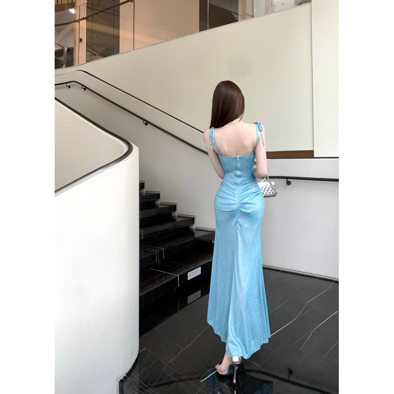 Spaghetti Strap Square Neck Plain Ruched Maxi A-Line Dress