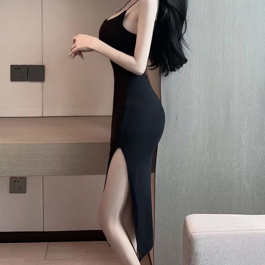 Spaghetti Strap Plain Slit Midi Sheath Dress