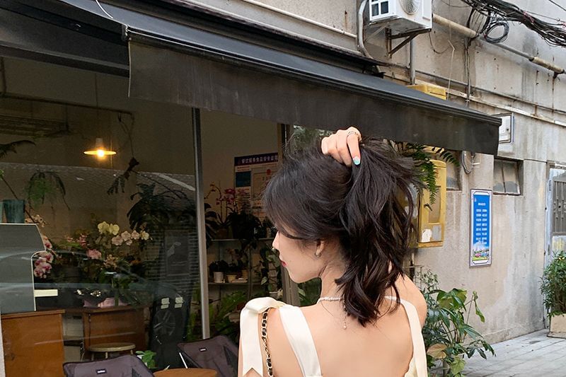 Tie Shoulder Plain Maxi A-Line Dress