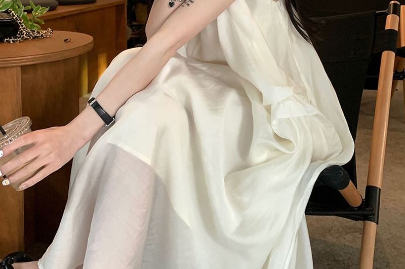 Tie Shoulder Plain Maxi A-Line Dress
