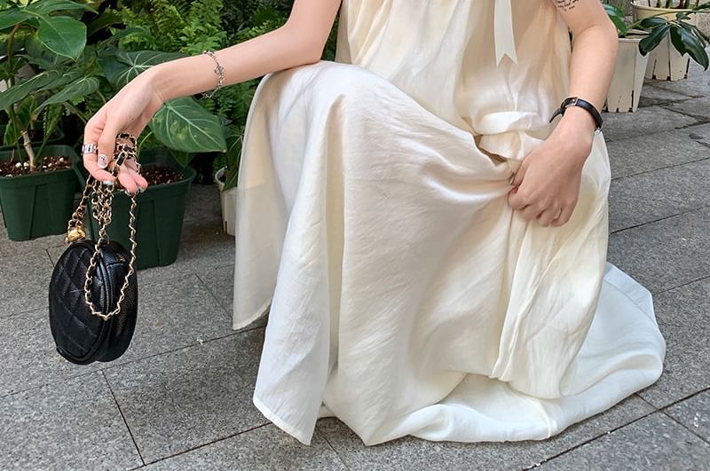 Tie Shoulder Plain Maxi A-Line Dress