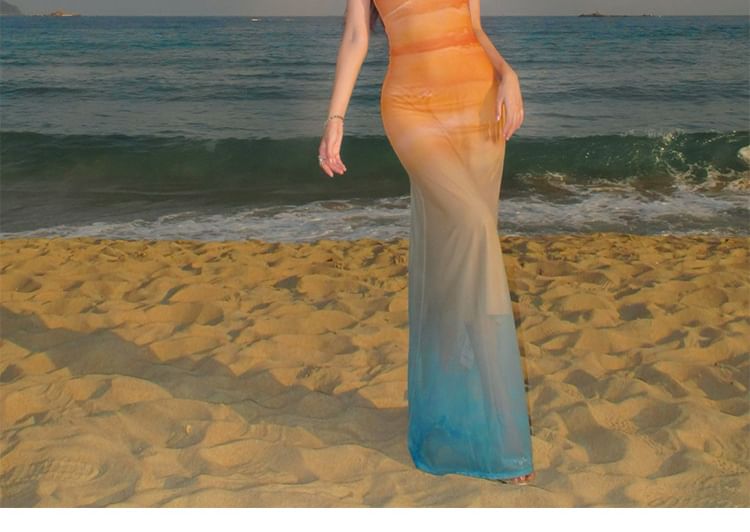 Spaghetti Strap Ombre Midi Mesh Mermaid Dress