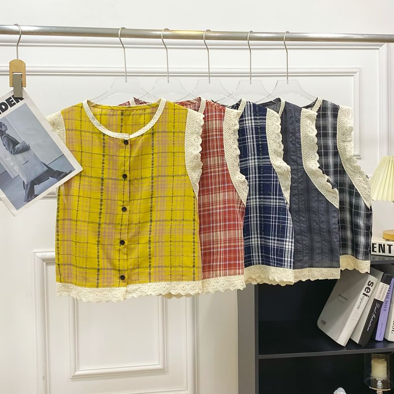 Crew Neck Plaid Panel Lace Blouse