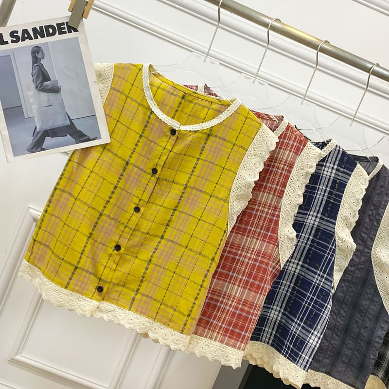 Crew Neck Plaid Panel Lace Blouse