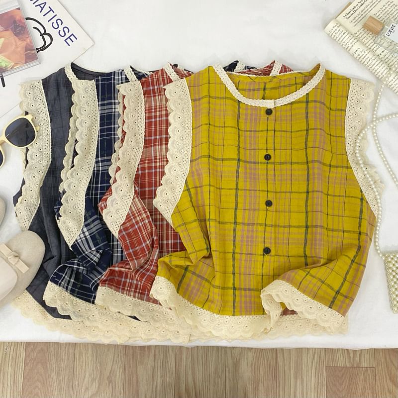 Crew Neck Plaid Panel Lace Blouse