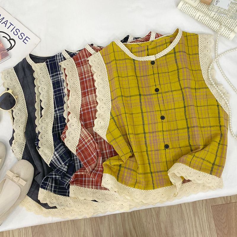 Crew Neck Plaid Panel Lace Blouse