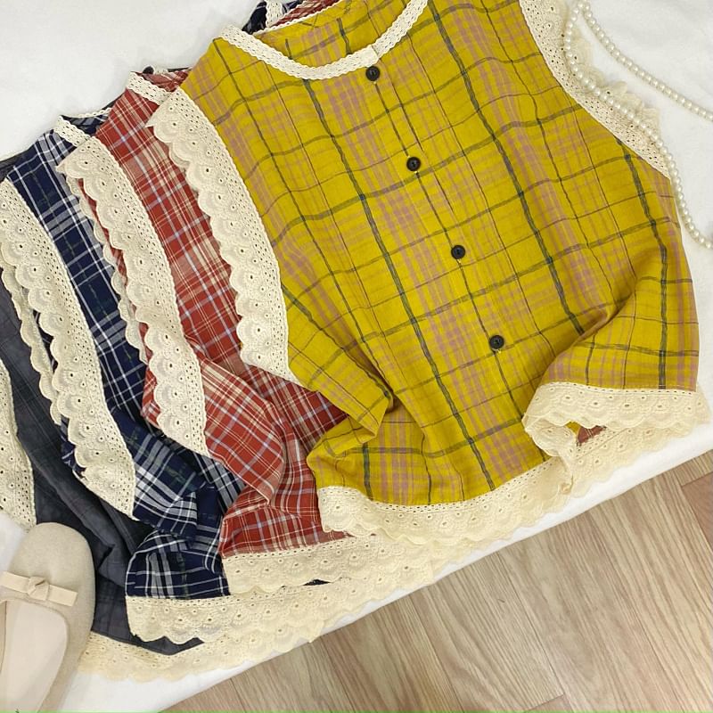 Crew Neck Plaid Panel Lace Blouse