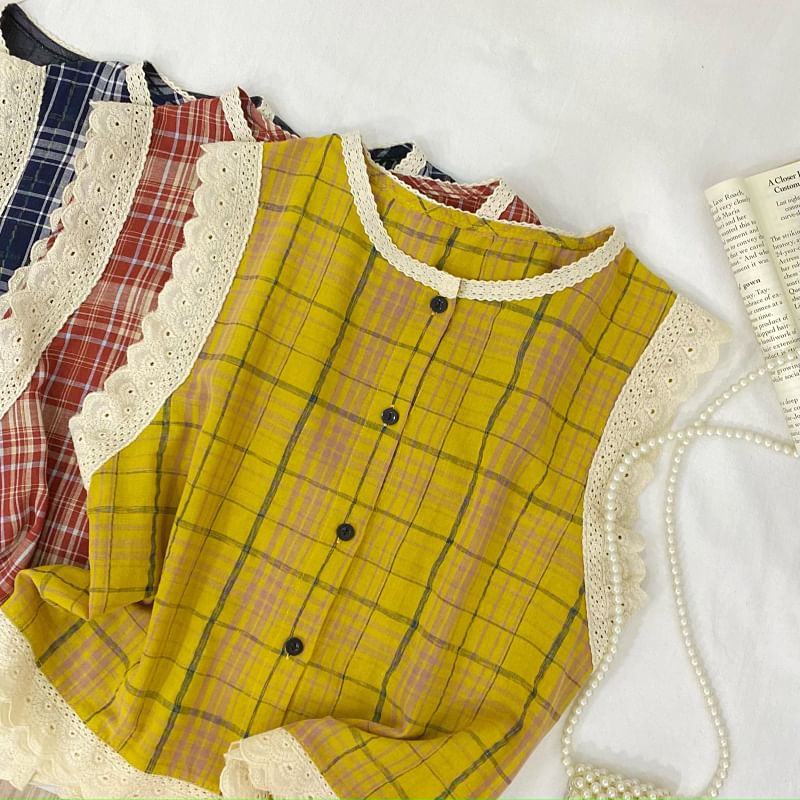 Crew Neck Plaid Panel Lace Blouse