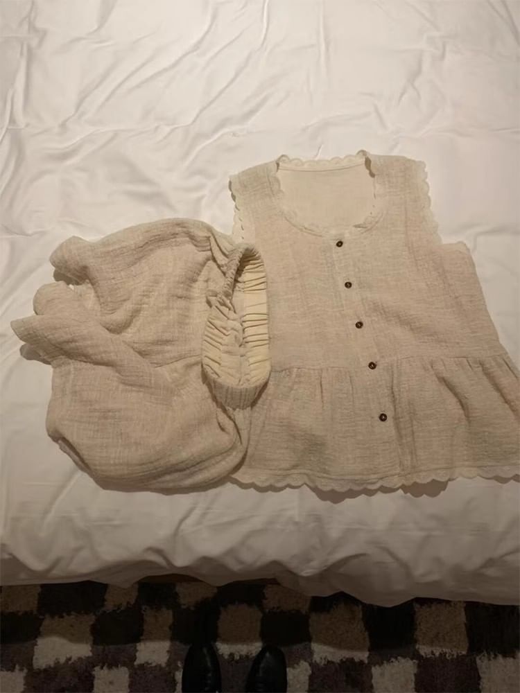 Pajama Set: Lace Trim Cami and Elastic Shorts