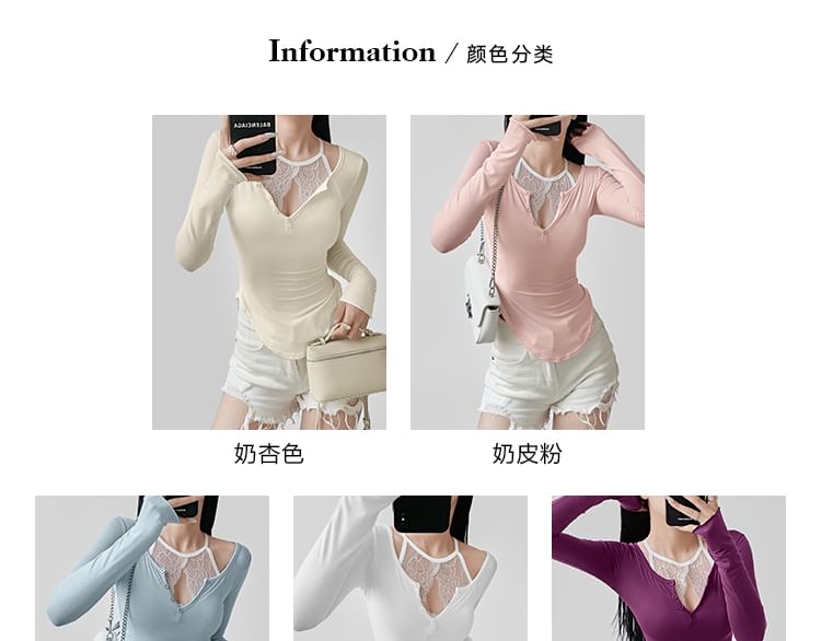 Mock Two Piece Lace Long Sleeve Crop Top