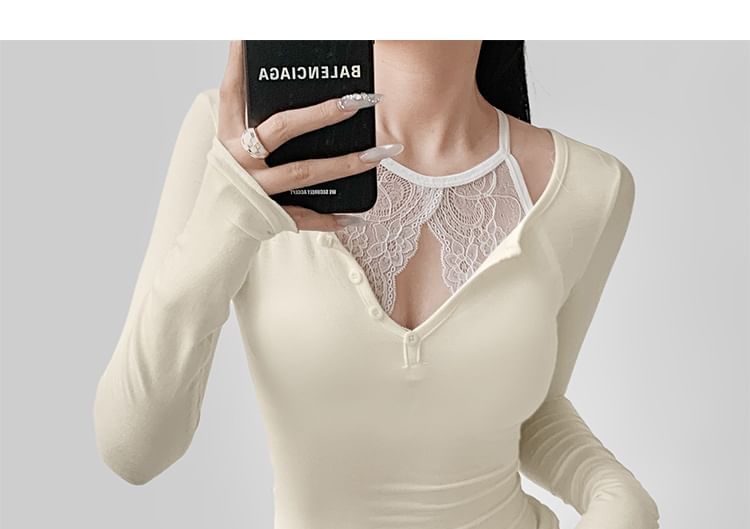 Mock Two Piece Lace Long Sleeve Crop Top