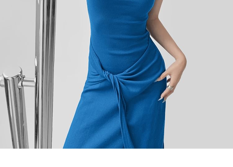 Spaghetti Strap Scoop Neck Plain Tie Waist Midi A-Line Dress