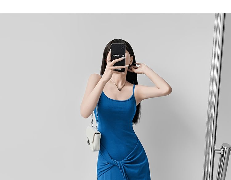 Spaghetti Strap Scoop Neck Plain Tie Waist Midi A-Line Dress