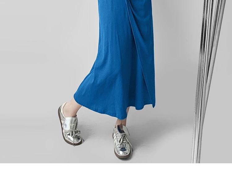Spaghetti Strap Scoop Neck Plain Tie Waist Midi A-Line Dress