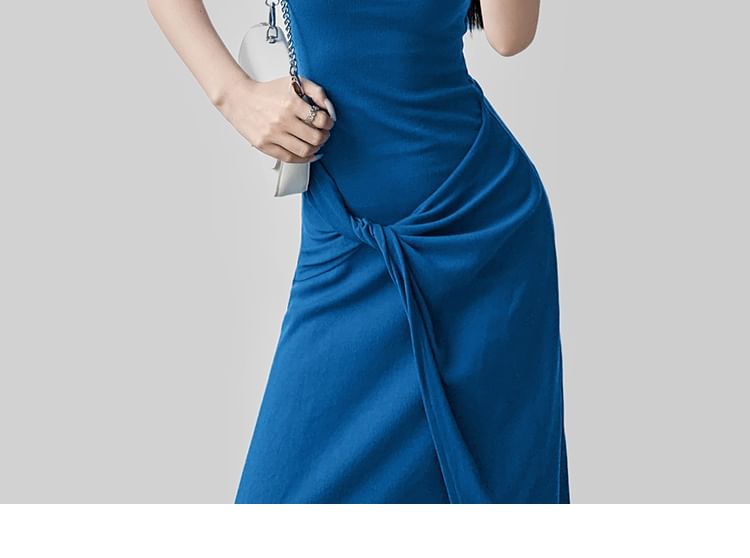 Spaghetti Strap Scoop Neck Plain Tie Waist Midi A-Line Dress