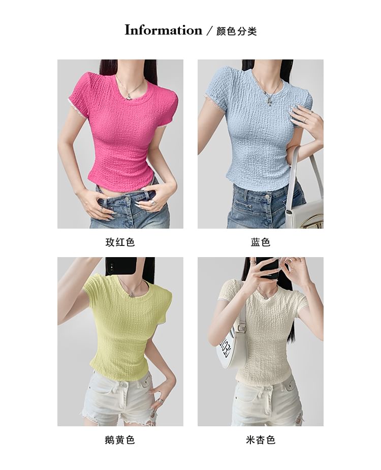 Round Neck Lace Trim Short Sleeve Top