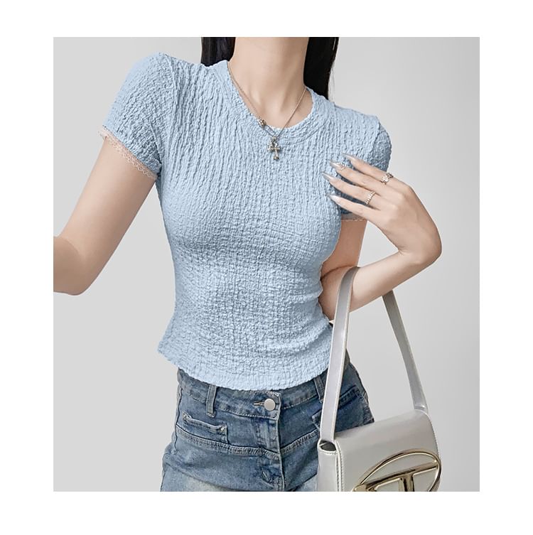 Round Neck Lace Trim Short Sleeve Top
