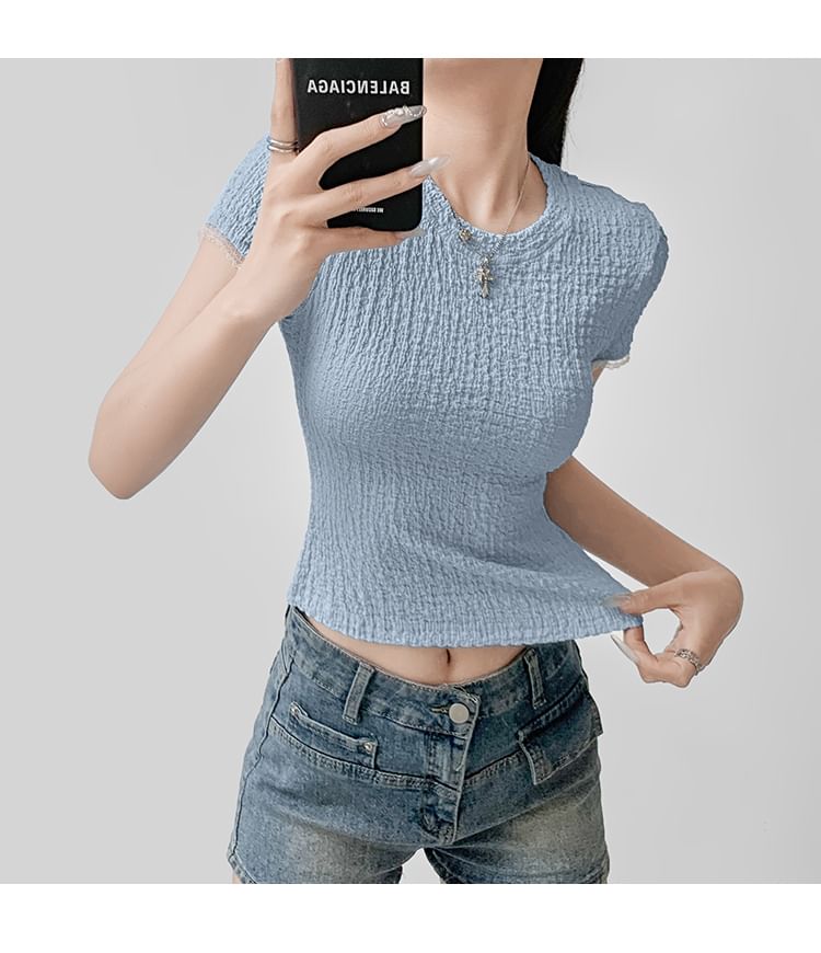 Round Neck Lace Trim Short Sleeve Top