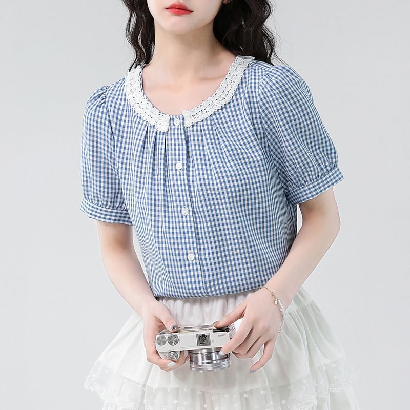 Crewneck Lace Trim Plaid Blouse