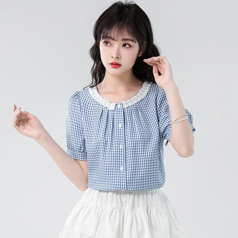 Crewneck Lace Trim Plaid Blouse