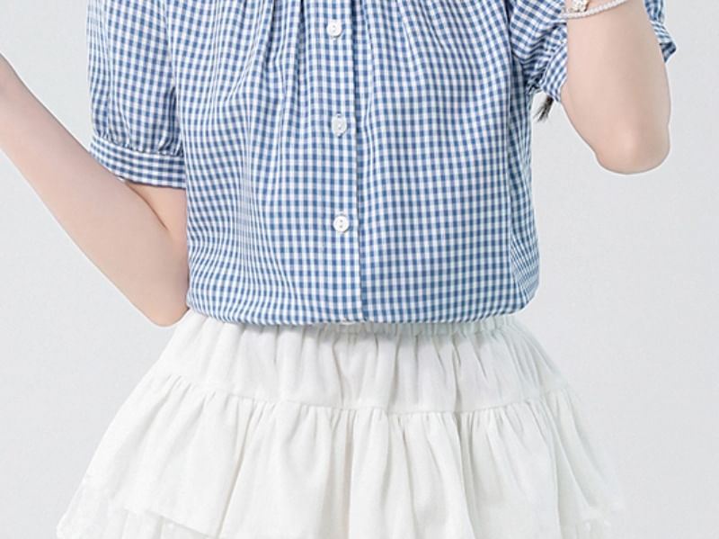 Crewneck Lace Trim Plaid Blouse