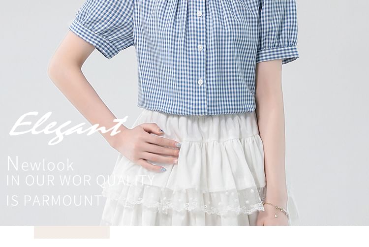 Crewneck Lace Trim Plaid Blouse