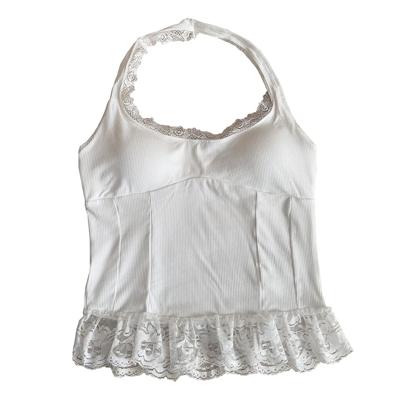 Halter Neck Lace Panel Padded Open Back Crop
