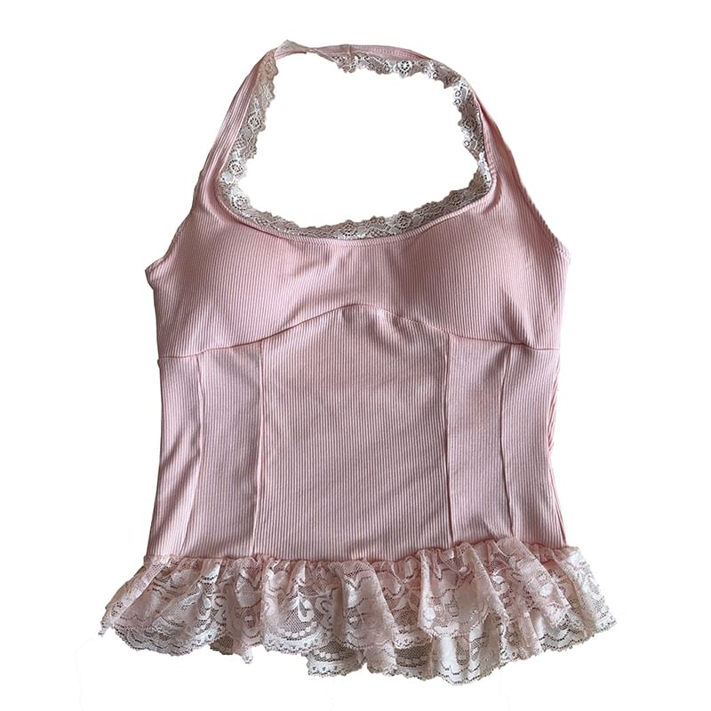 Halter Neck Lace Panel Padded Open Back Crop