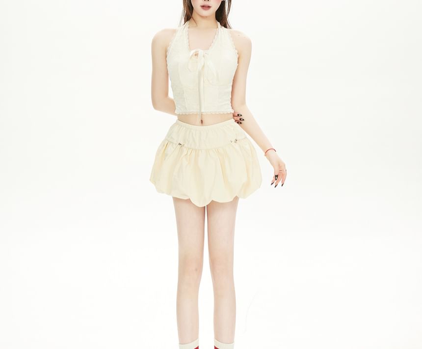 Halter V-Neck Padded Tie Front Lace Crop