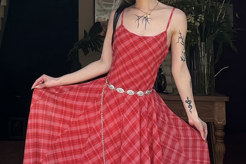Spaghetti Strap V-Neck Plaid Maxi A-Line Dress