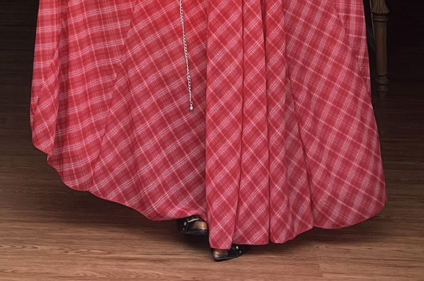 Spaghetti Strap V-Neck Plaid Maxi A-Line Dress