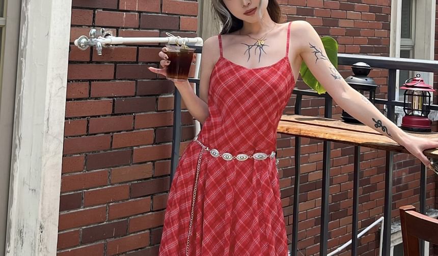 Spaghetti Strap V-Neck Plaid Maxi A-Line Dress