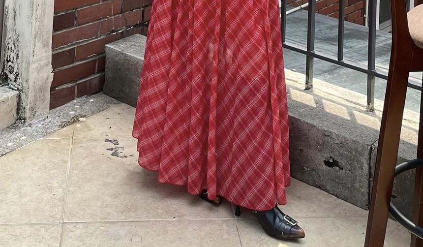 Spaghetti Strap V-Neck Plaid Maxi A-Line Dress