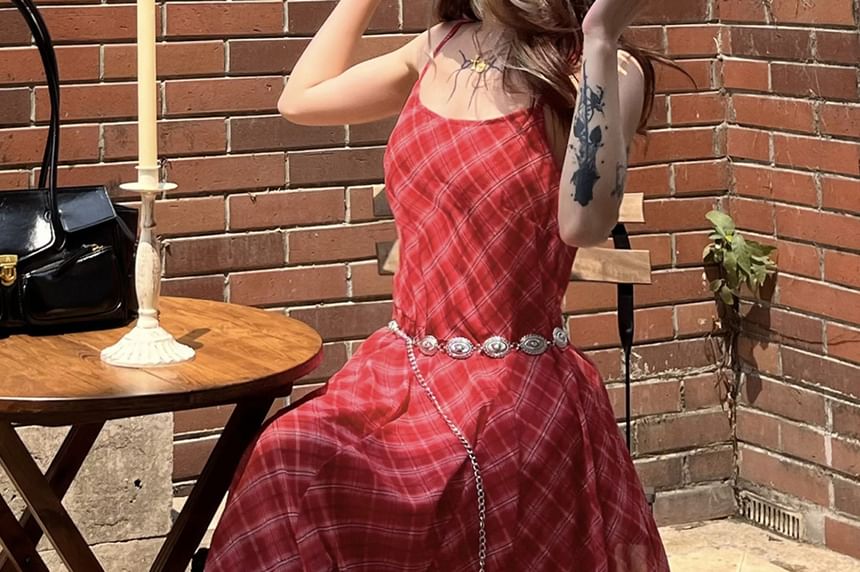 Spaghetti Strap V-Neck Plaid Maxi A-Line Dress