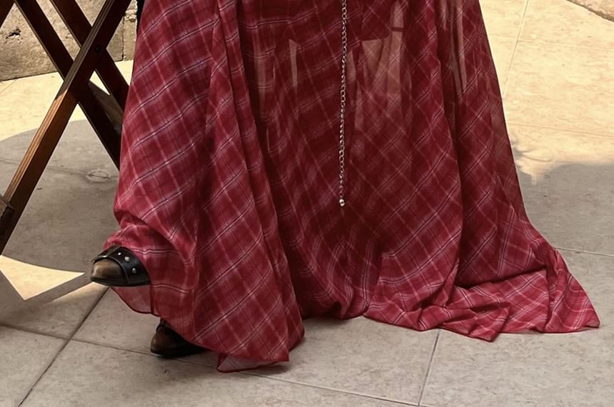 Spaghetti Strap V-Neck Plaid Maxi A-Line Dress