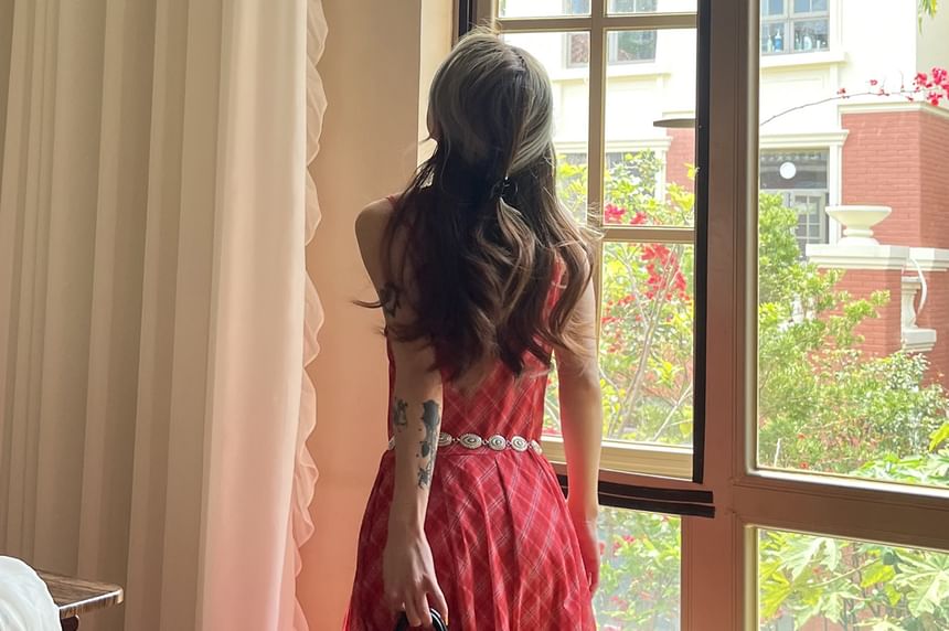 Spaghetti Strap V-Neck Plaid Maxi A-Line Dress