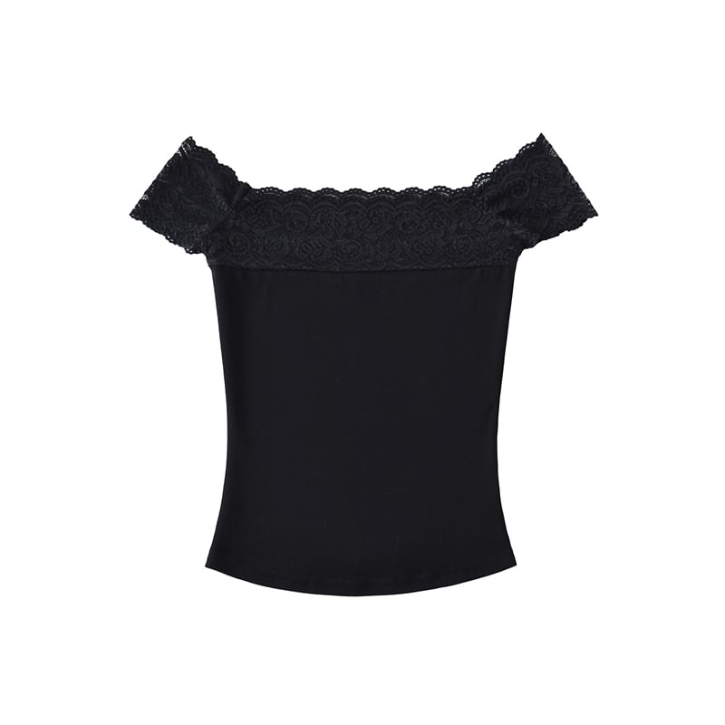 Off-Shoulder Lace Trim Short Sleeve T-Shirt