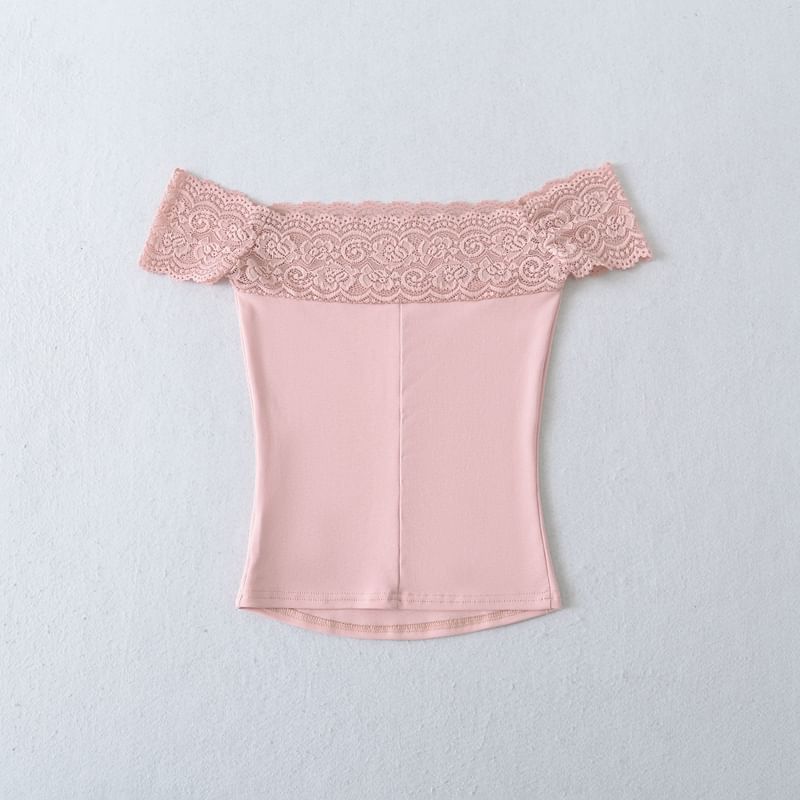Off-Shoulder Lace Trim Short Sleeve T-Shirt