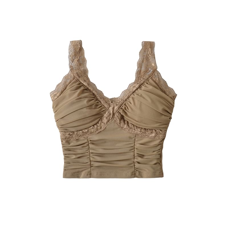 Ruched Lace Trim V-Neck Cropped Cami