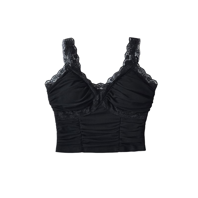 Ruched Lace Trim V-Neck Cropped Cami
