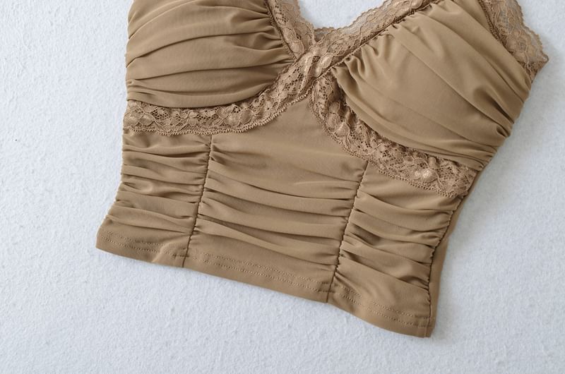 Ruched Lace Trim V-Neck Cropped Cami