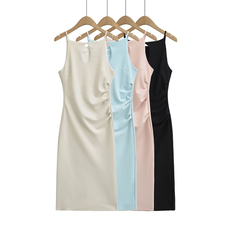 Spaghetti Strap Plain Ruched Midi Sheath Dress