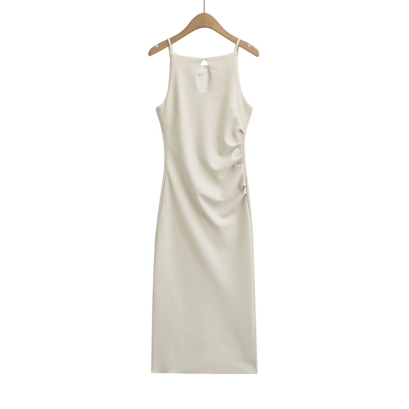 Spaghetti Strap Plain Ruched Midi Sheath Dress
